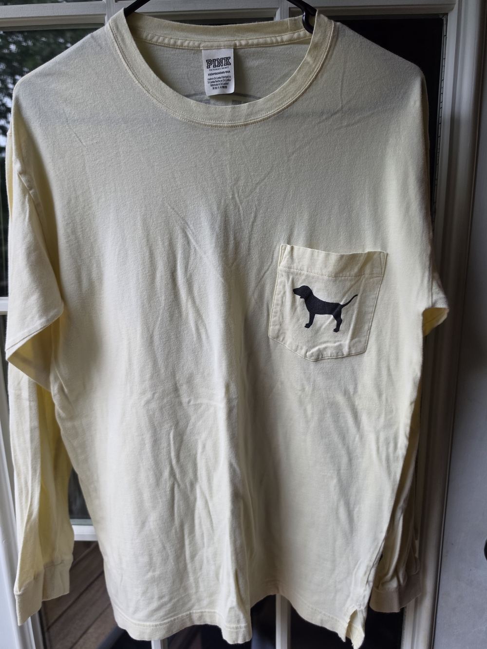 PINK Creamy Yellow Long Sleeve Pocket Tee with Dog Silhouette
